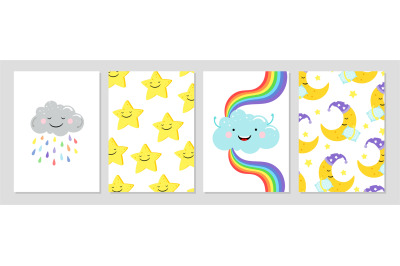 Cards with clouds, rainbow, moon