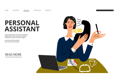 Personal assistant landing page. Vector business help web banner templ