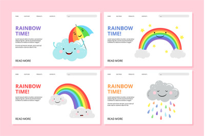 Rainbow landing page. Vector pride web banners with cute cartoon chara