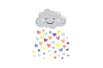 Vector cute cloud and rain of colored hearts isolated on white backgro