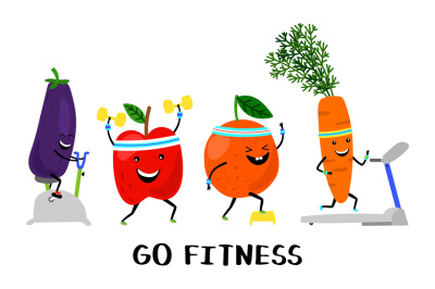 Go fitness vector concept. Happy sport fruit and vegetables. Healthy l