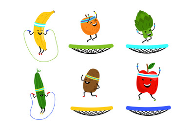 Happy jumping fruits and vegetables. Vector cartoon healthy food isola