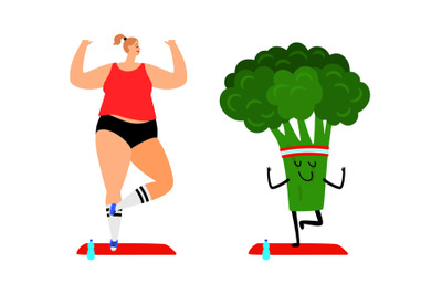 Woman and broccoli do yoga