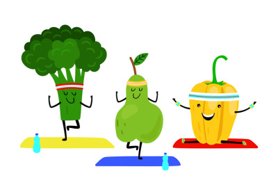 Cartoon fruits do yoga exercise