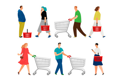 Shopping people. Man with shopping cart and woman with market basket v