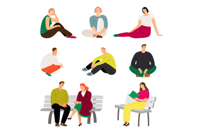 Resting people. Sitting and relaxing casual men and women vector illus