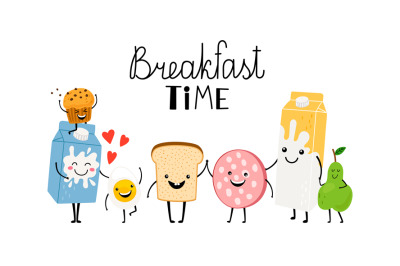 Brealfast time, characters bread milk and food