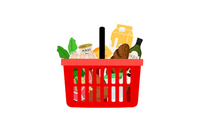 Shopping basket with products isolated on white background