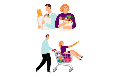 People with shopping cart, man and woman