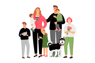 Happy family, parents with children and pets