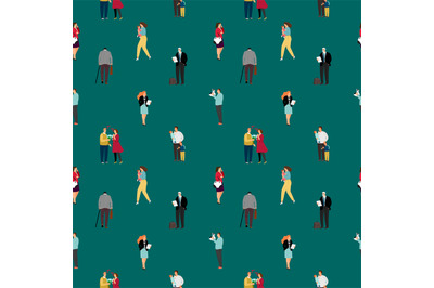 Seamless pattern with people walking, dating, speak