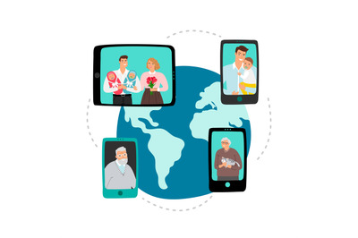 Family video chat. Global network communication vector concept