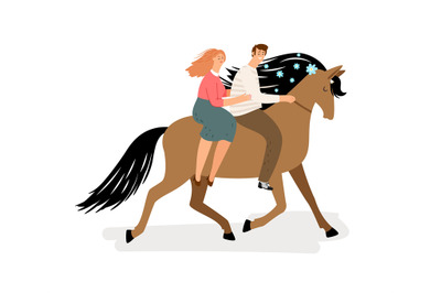 Love couple riding a horse. Vector horse, man and woman isolated on wh