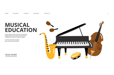 Musical school landing page. Vector musical education web banner templ