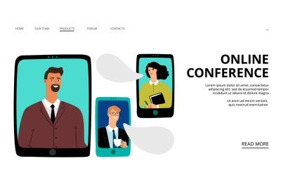 Online conference landing page. Vector businesspeople online meeting.