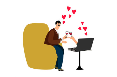 Online dating vector illustration. Happy man and notebook. Online chat