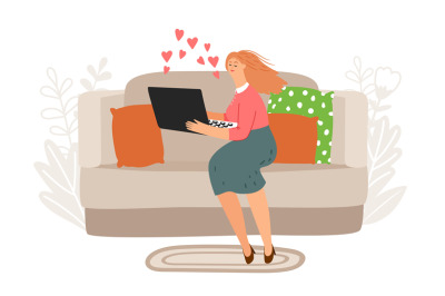 Online video chat vector illustration. Woman with notebook on sofa. On