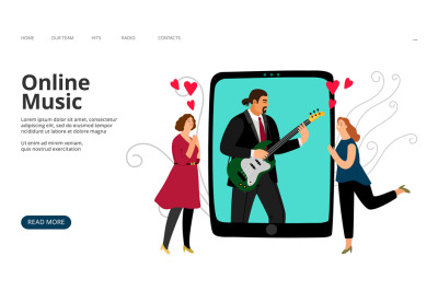 Onlline music app web page. Vector man playing guitar and fans. Mobile