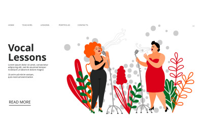 Vocal lessons landing page. Vector singing school web page template. M