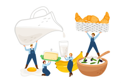 Breakfast illustration. Tiny farmers characters with milk, bread, butt