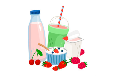 Dairy and berries. Milk, yogurt, cream, fresh berries vector illustrat