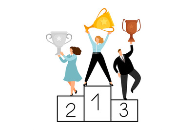 Flat winners characters. Vector business people on pedestal. Male and