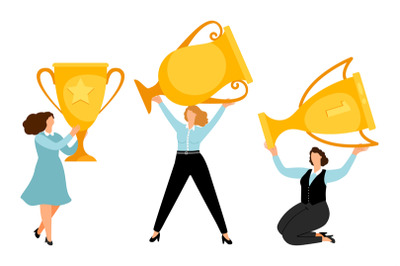 Girl power. Flat businesswomen with gold trophy vector illustration