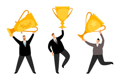 Men winners. Vector businessmen flat characters with golden cups