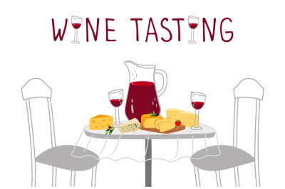 Wine tasting poster. Red wine, cheese vector illustration. Craft drink