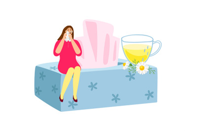 Natural sedative chamomile tea. Flat crying woman, napkins box, daisie