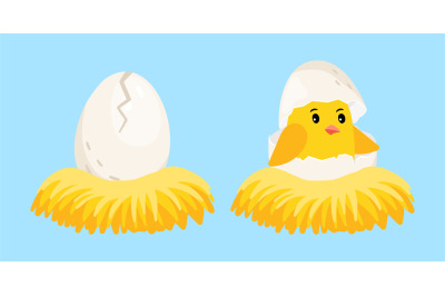 Newborn chick. Cartoon egg and hatched chick with eggshell on head in