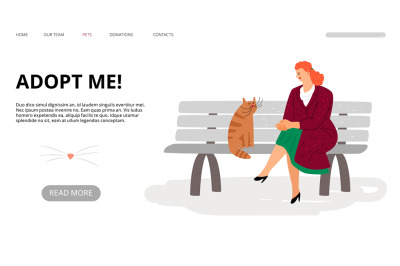 Pets adoption landing page. Adopt me web banner. Vector cartoon woman