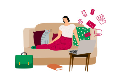 Procrastination concept. Vector illustration with relaxing girl on sof