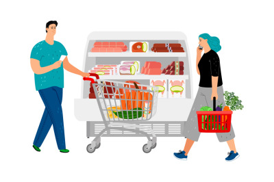 Shopping people. Man with shopping cart, girl with market basket. Groc