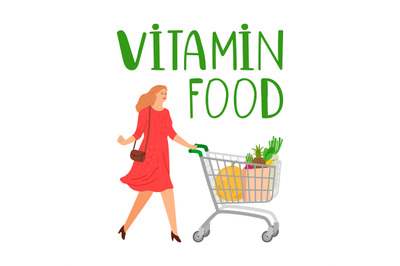 Shopping woman. Girl with shopping cart. Vitamin food concept. Grocery