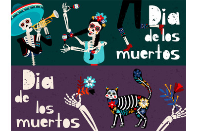 Day of Dead, Dia de los muertos, flat vector greeting card templates s