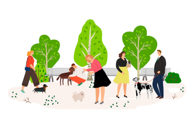 People with dogs in park flat vector illustration