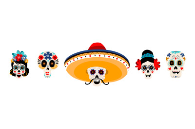 Sugar mexican skulls flat vector illustrations set