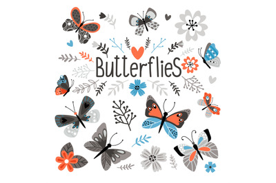 Cute butterflies and pretty flowers