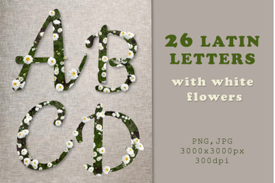 26 latin letters with white flowers