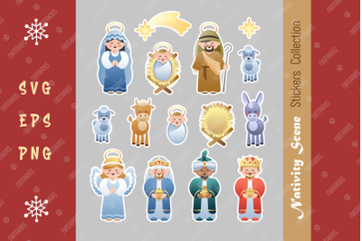 Nativity Scene Stickers Collection. Cute cartoon characters.