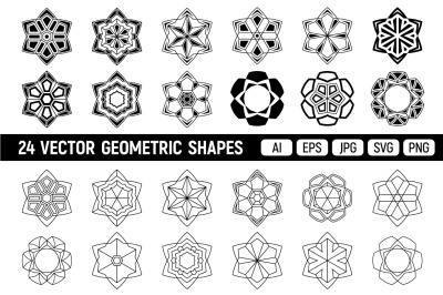 Symmetric geometric shapes, snowflakes, design elements.