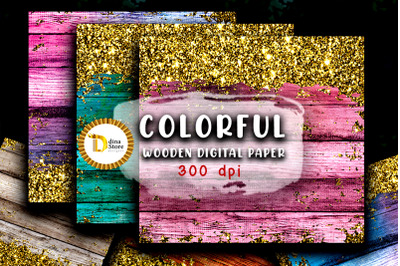 Digital papers- colorful wooden papers with gold glitter