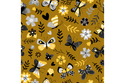 Butterflies and flowers flat vector seamless pattern