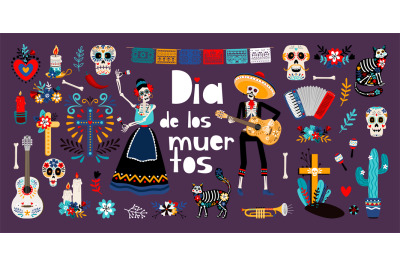 Day of Dead, Dia de los muertos, flat vector illustrations set