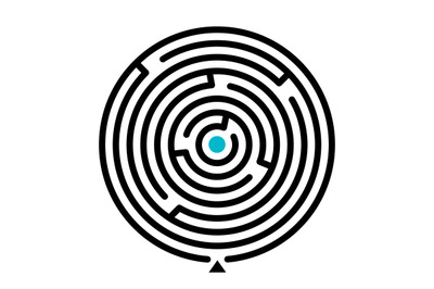 Round labyrinth vector illustration. Find path educational game on whi