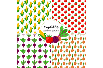 Vegetables seamless patterns set, corn and beetroot, tomato and onion