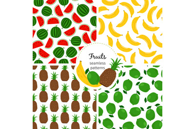 Seamless patterns with exotic fruits banana and pineapple