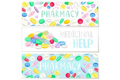 Pharmacy banner with colored pills, medicinal help