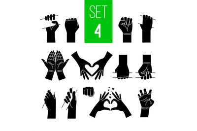 Woman hands showing gestures black illustrations set